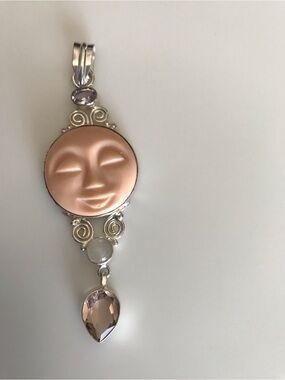 Vintage Silver tone natural peach Moon Face Pendant Rose & Clear Crystal Accents